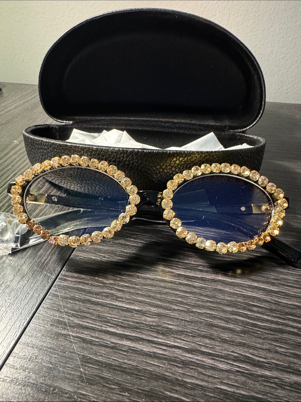 Amazon Black Oval Sunglasses with Gold Rhinestone Trim